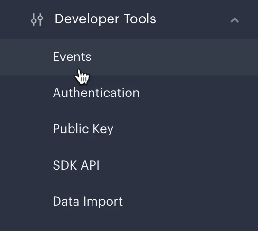 Screenshot showing Developer Tools > Events navigation