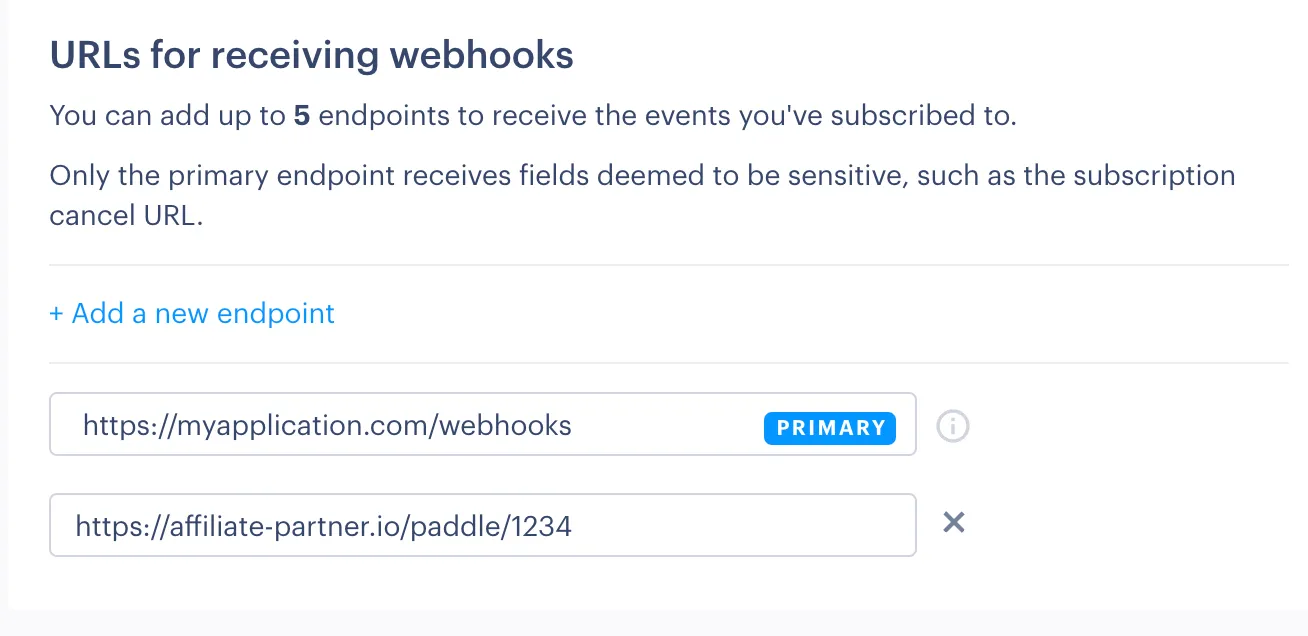 Screenshot showing how the primary webhook destination is labelled