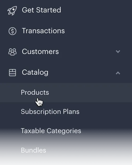Screenshot showing the Catalog and Products navigation options