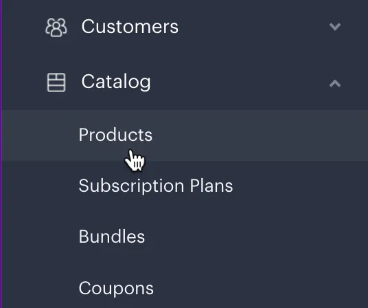 Screenshot showing Products navigation