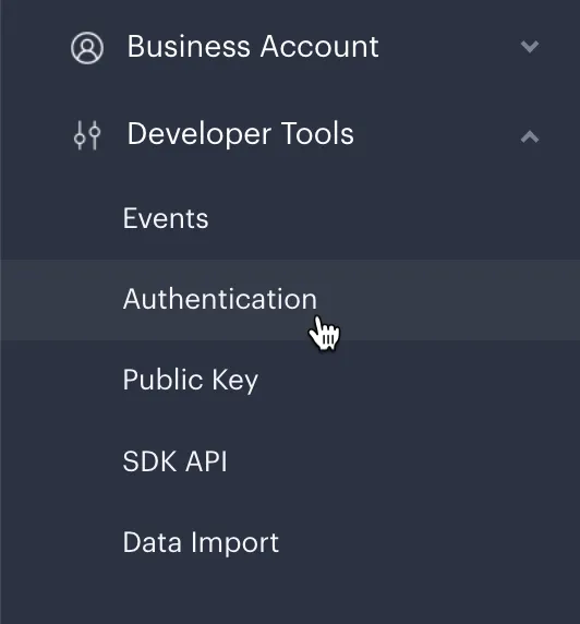 Screenshot showing Authentication navigation