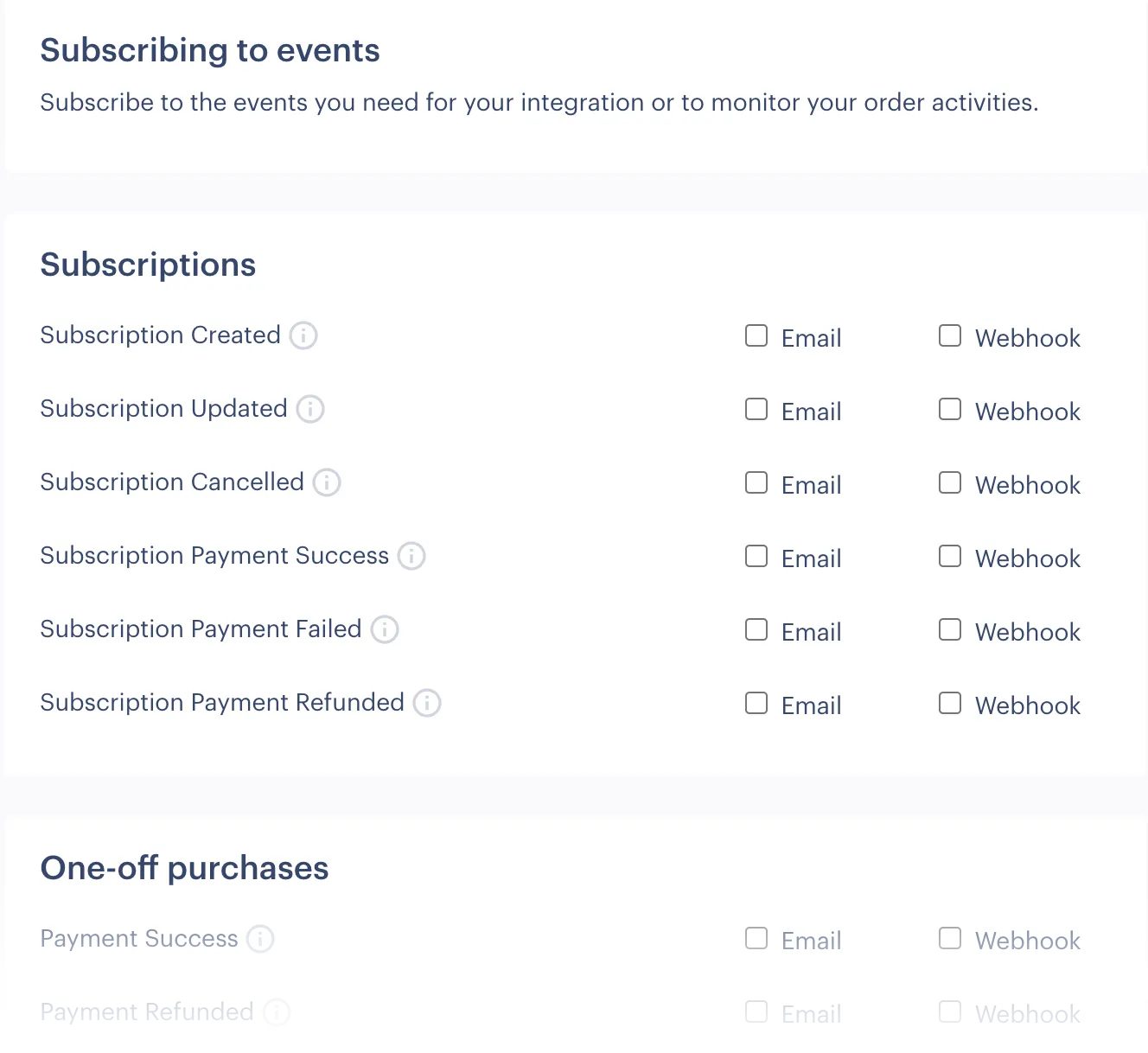 Screenshot showing available Paddle events