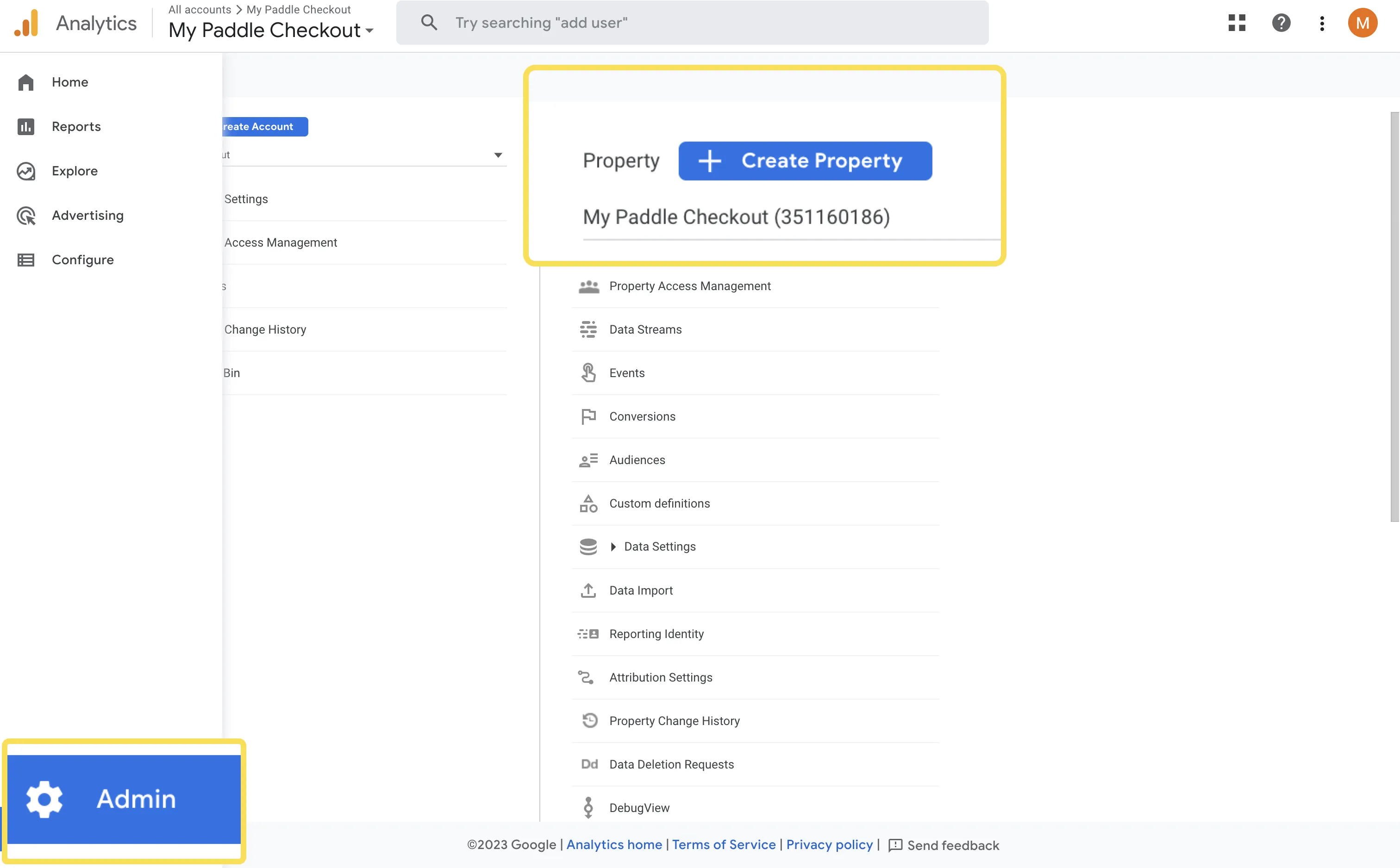 Screenshot showing Google Analytics dashboard admin page, calling out the Admin nav item and the create property button