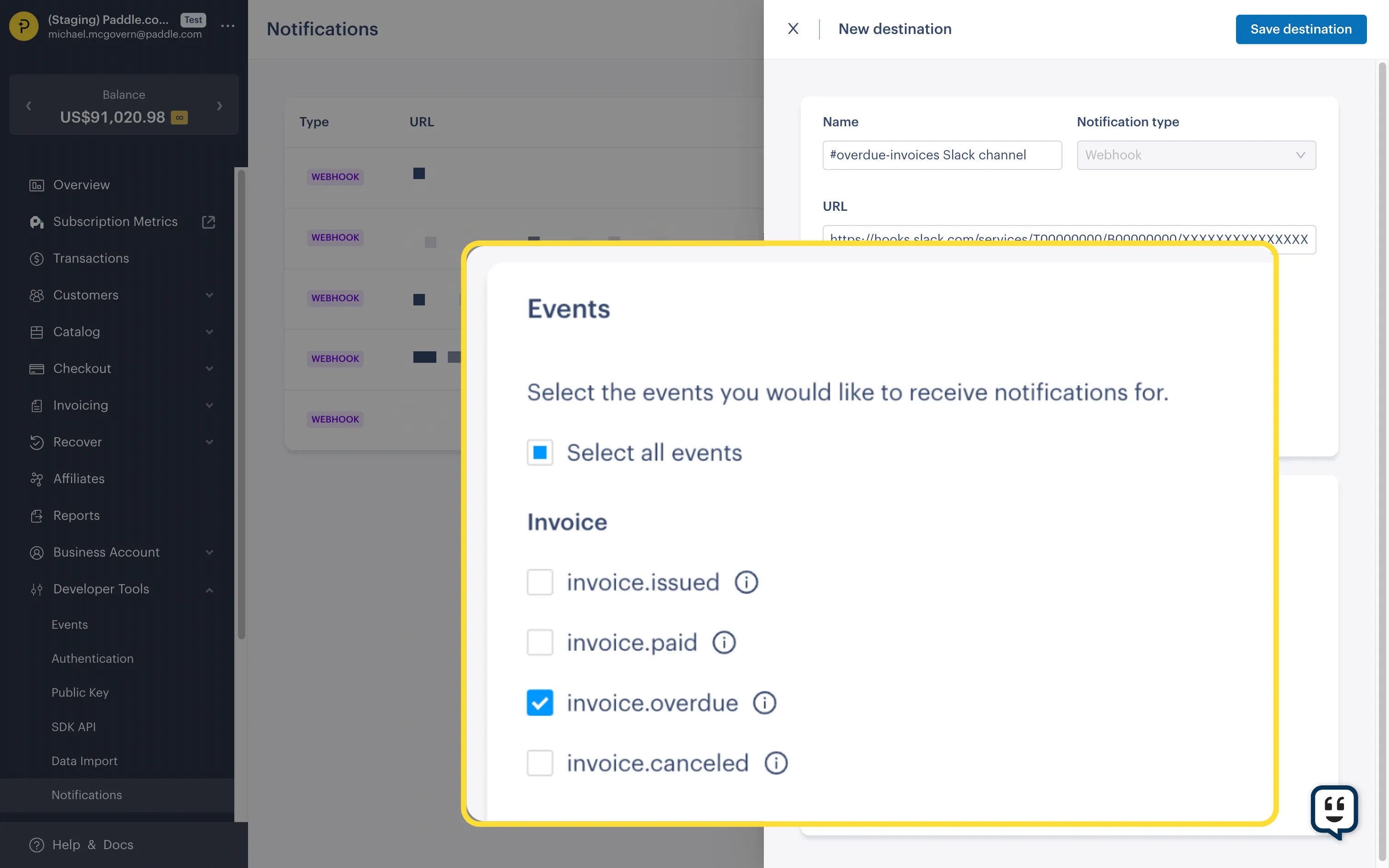 Screenshot of the New Destination screen, calling out events details.