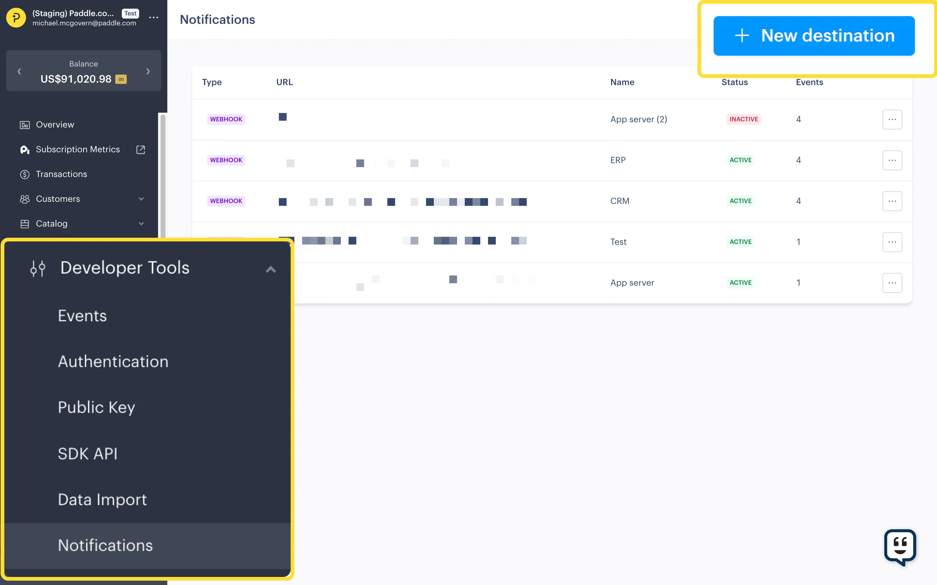 Screenshot of the Paddle Dashboard, calling out Developer Tools menu and New Destination button.