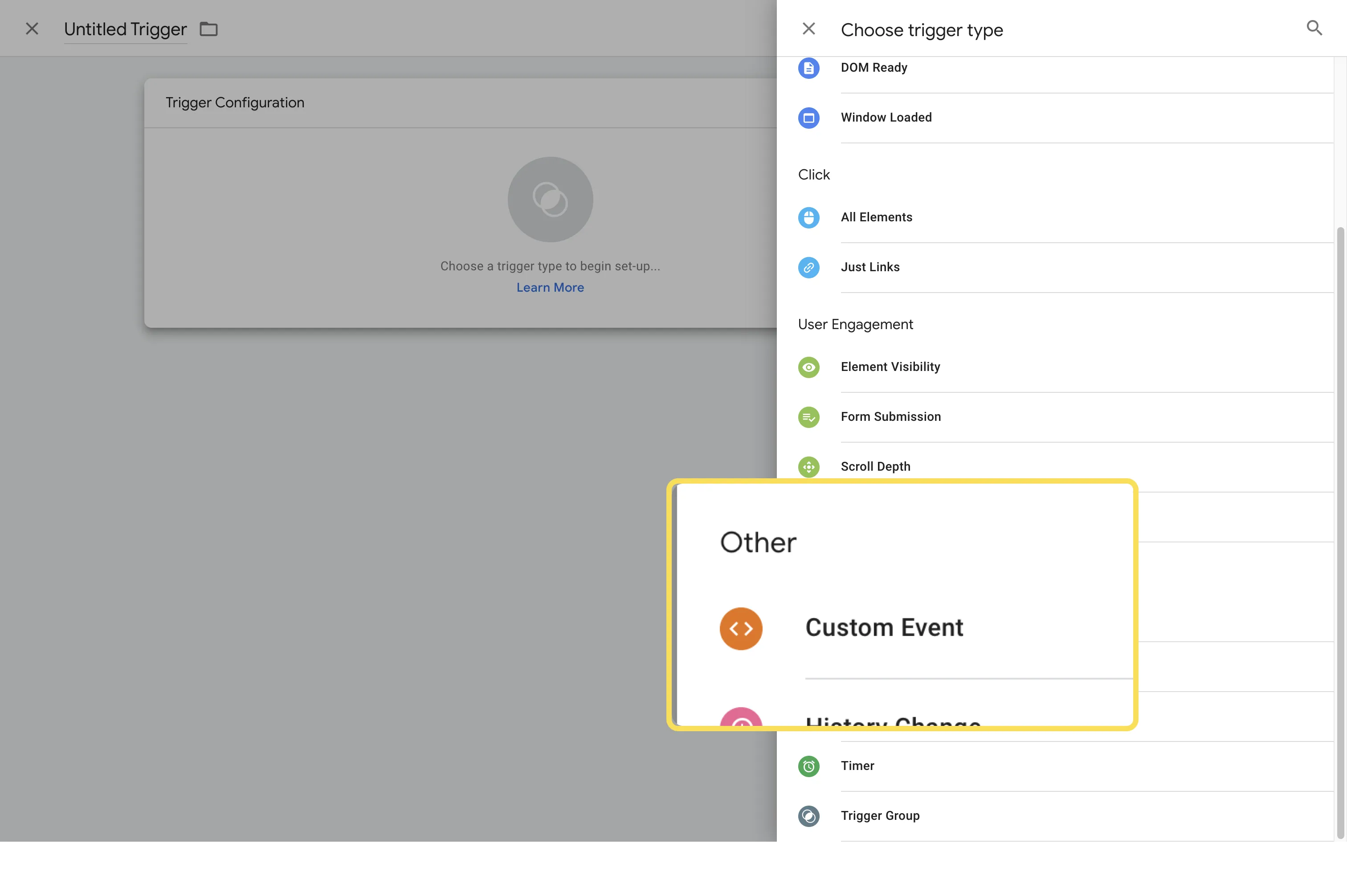 Screenshot calling out Custom Event in the list of trigger types