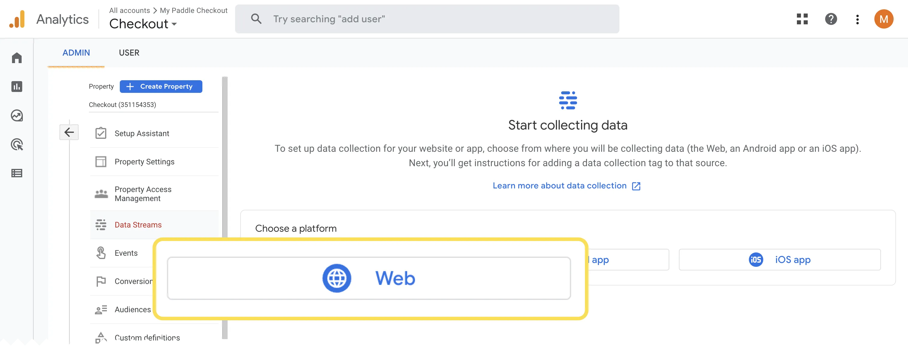 Screenshot showing Google Analytics data streams settings page, calling out the web button