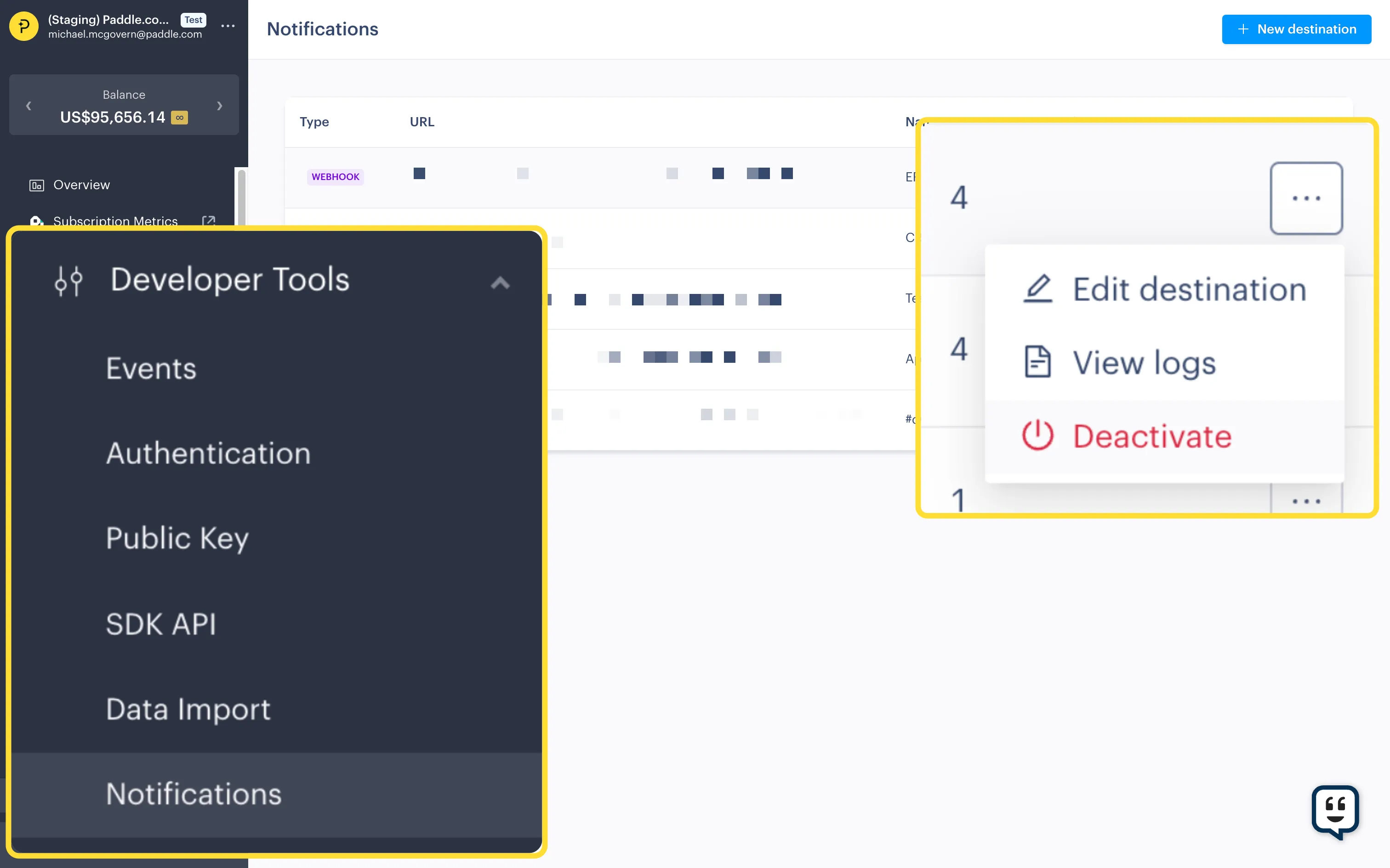 Screenshot of the Paddle Dashboard, calling out the Developer Tools menu and the Deactivate option.