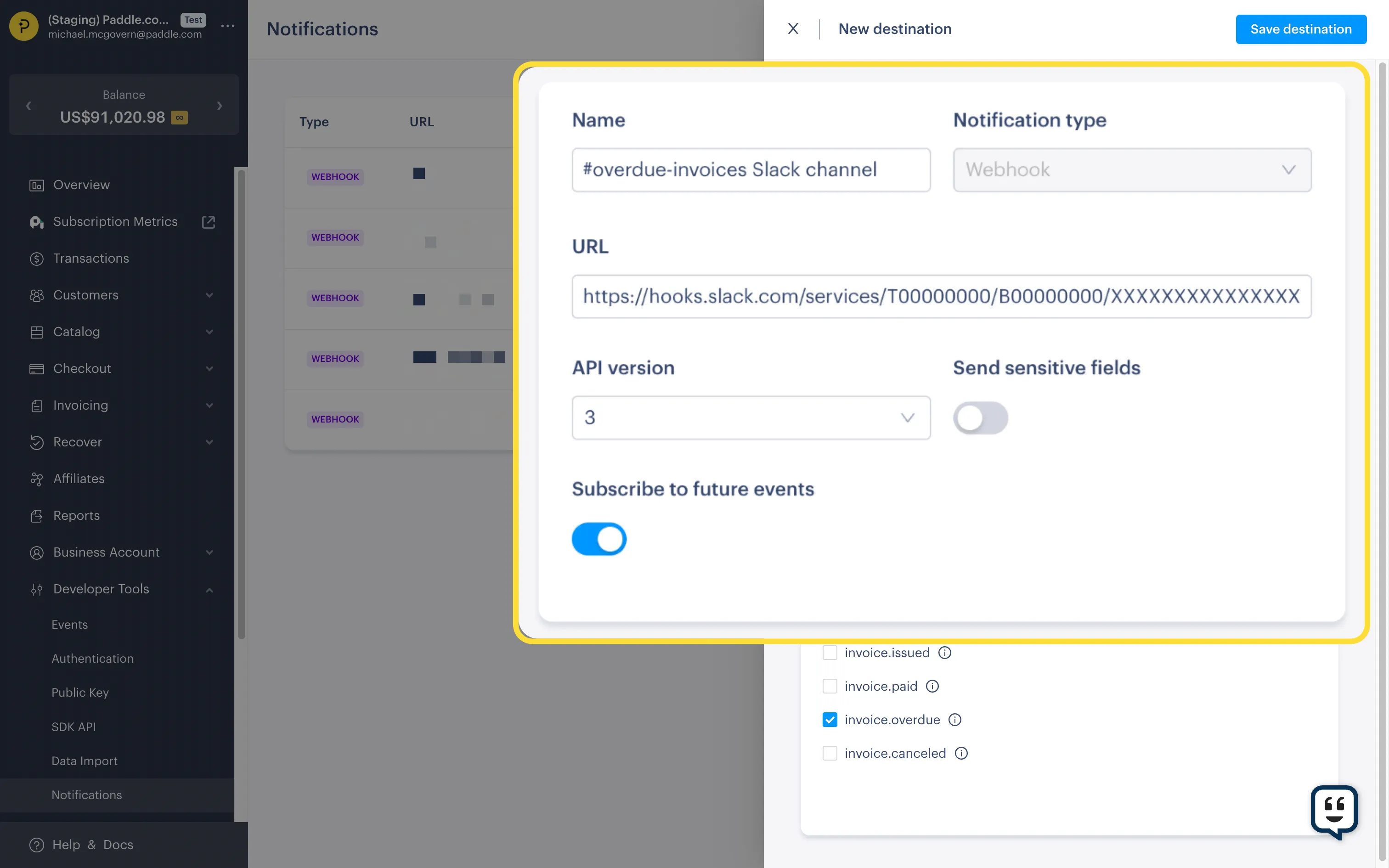 Screenshot of the New Destination screen, calling out destination details.