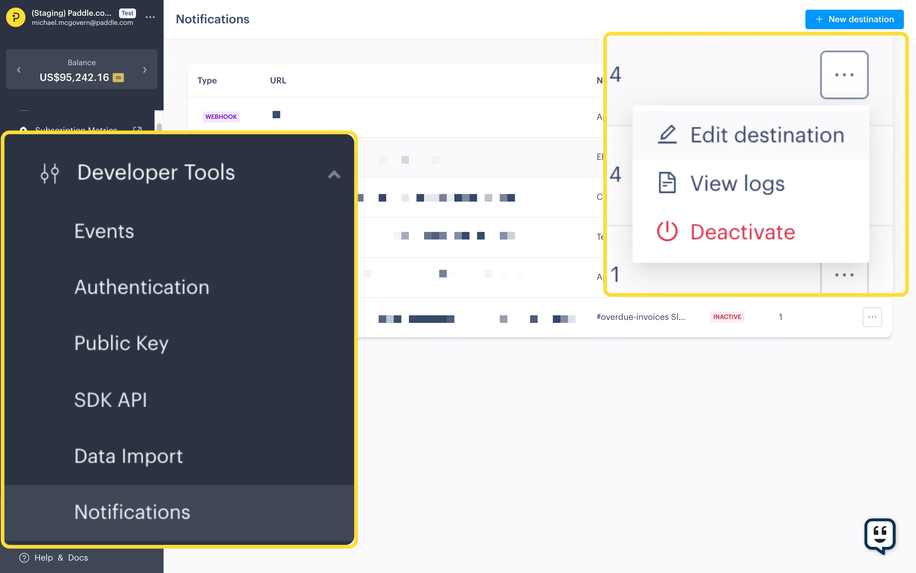 Screenshot of Paddle Dashboard, calling out Developer Tools menu and Edit Destination option in the menu.