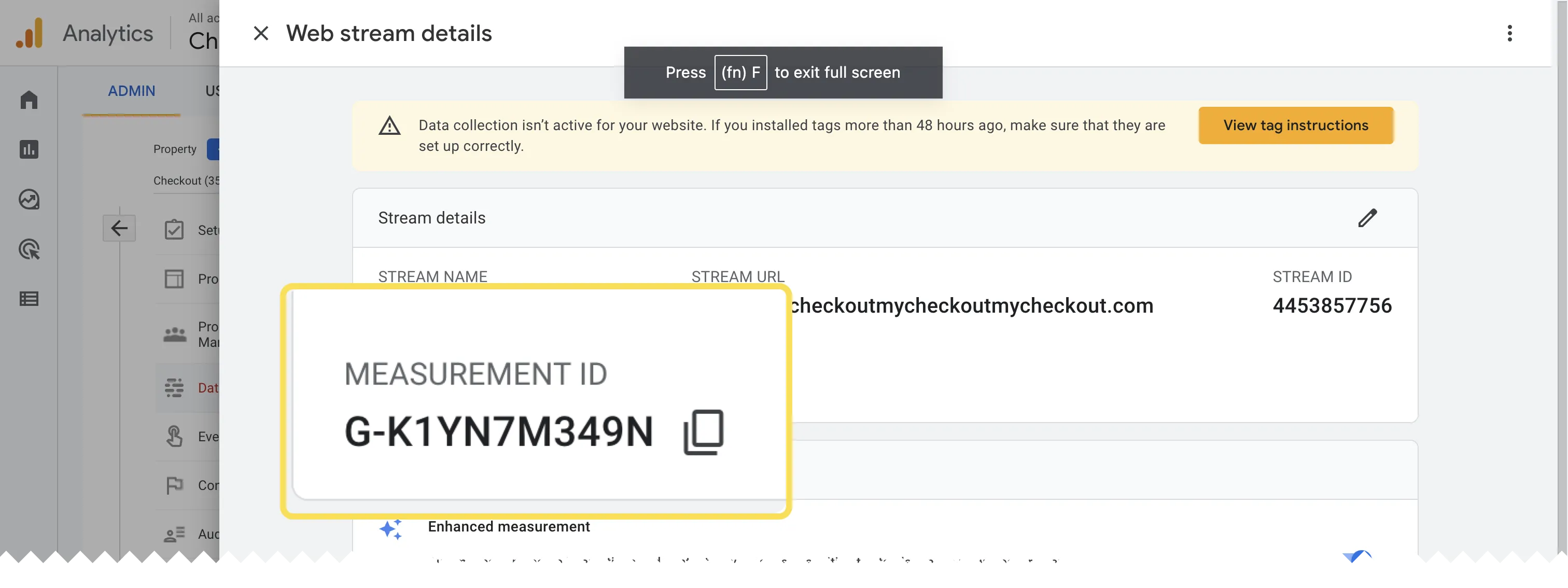 Screenshot showing Google Analytics page, calling out the measurement ID