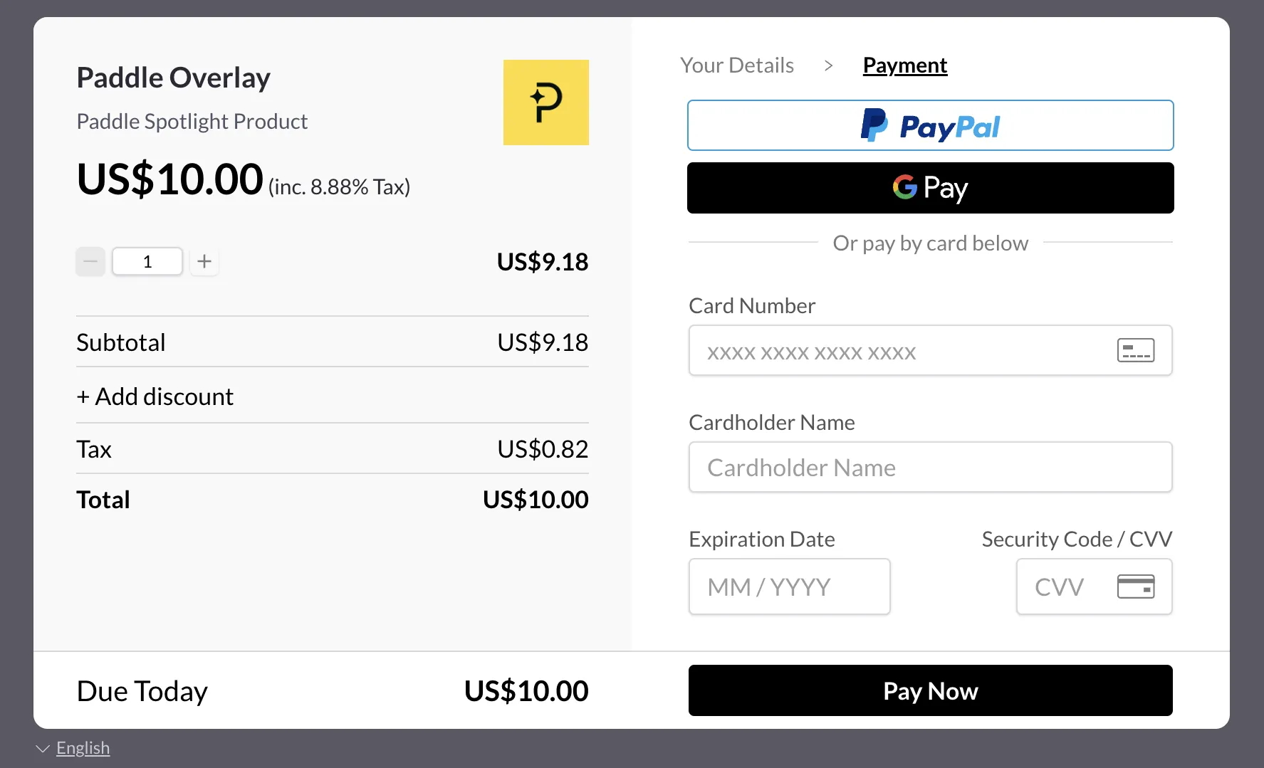 Paddle overlay checkout with a $10 sample transaction and options to pay using PayPal, Google Pay, or card