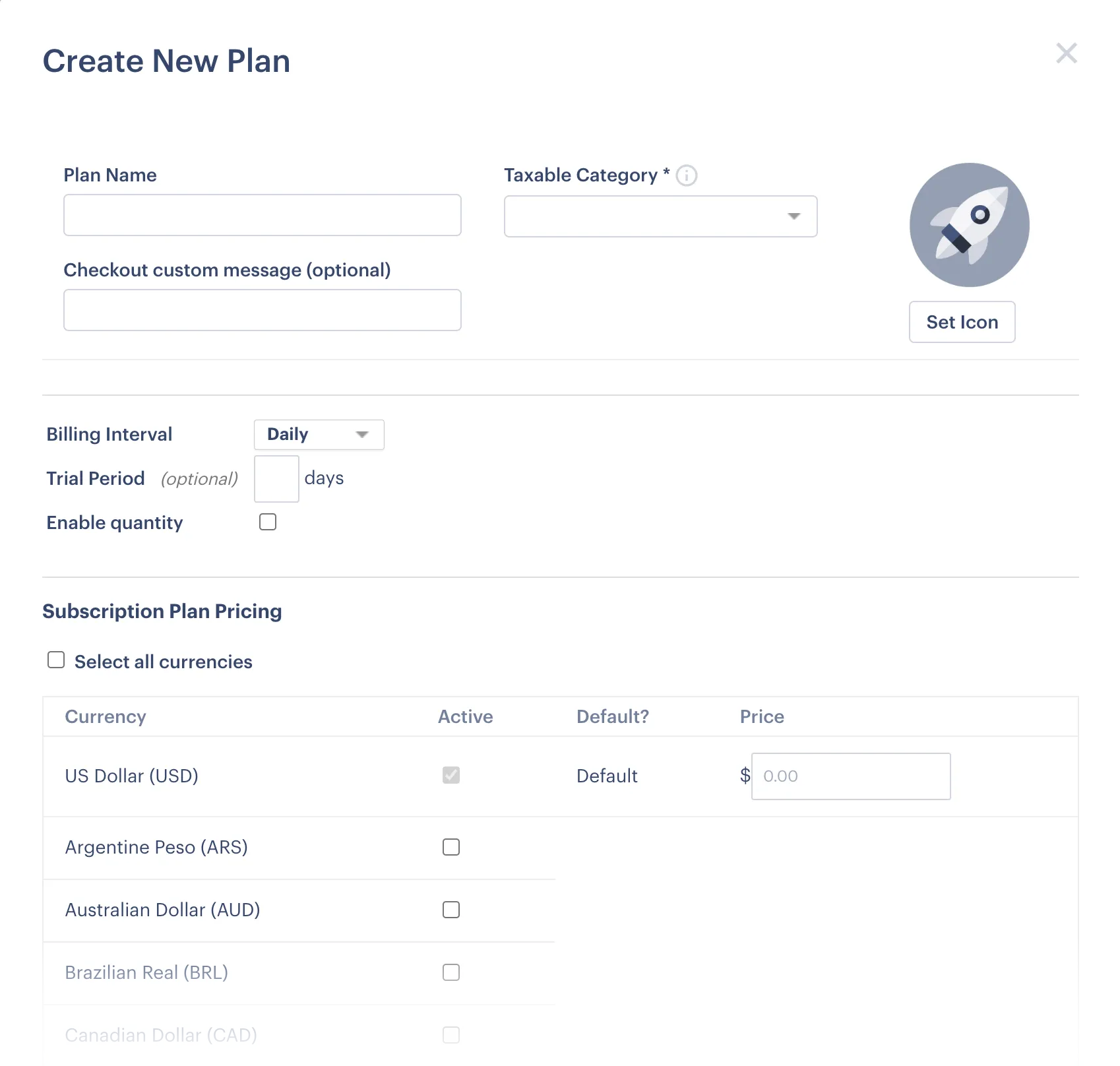 Screenshot showing the subscription plan detail fields