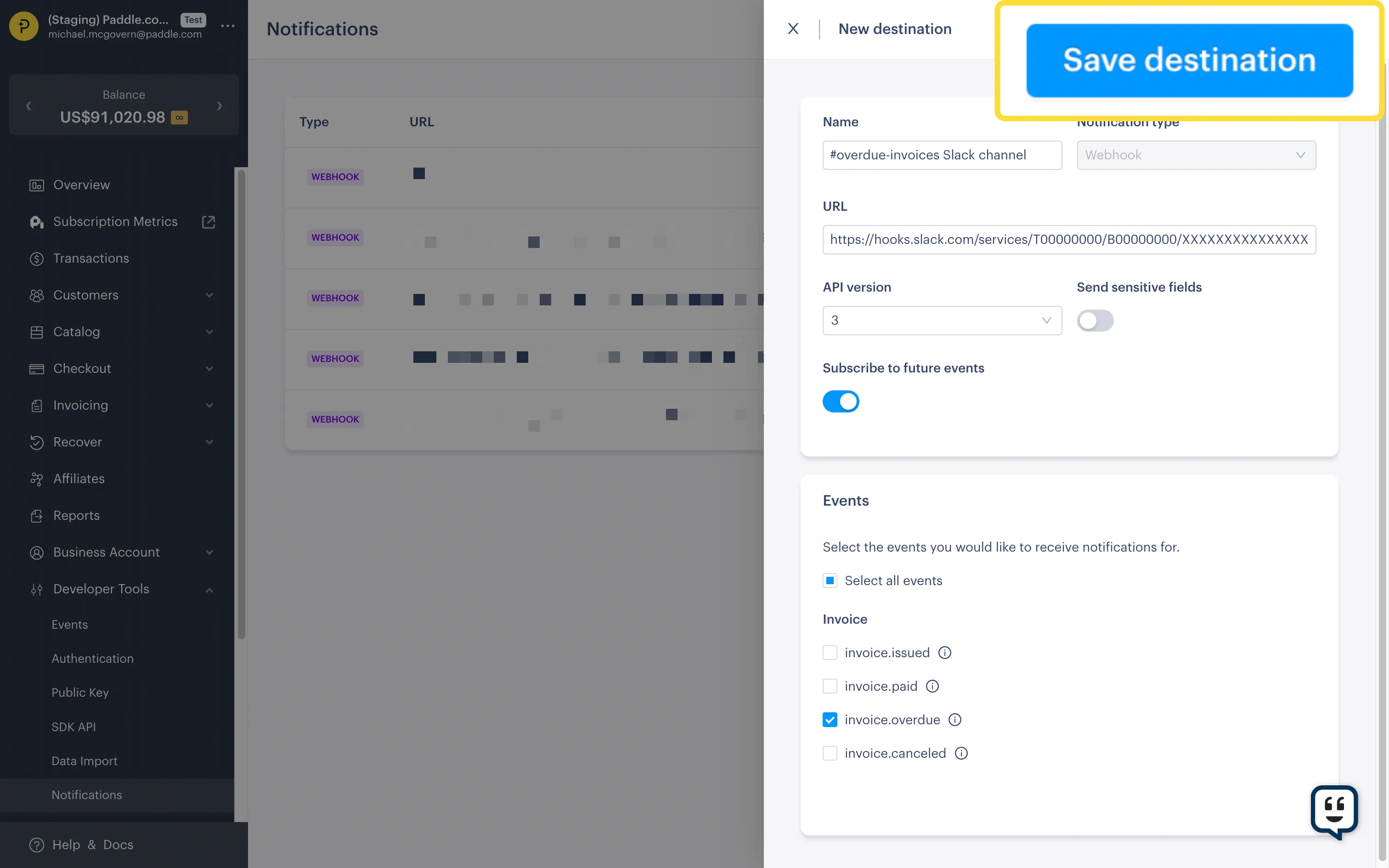 Screenshot of the New Destination screen, calling out the Save Destination button.