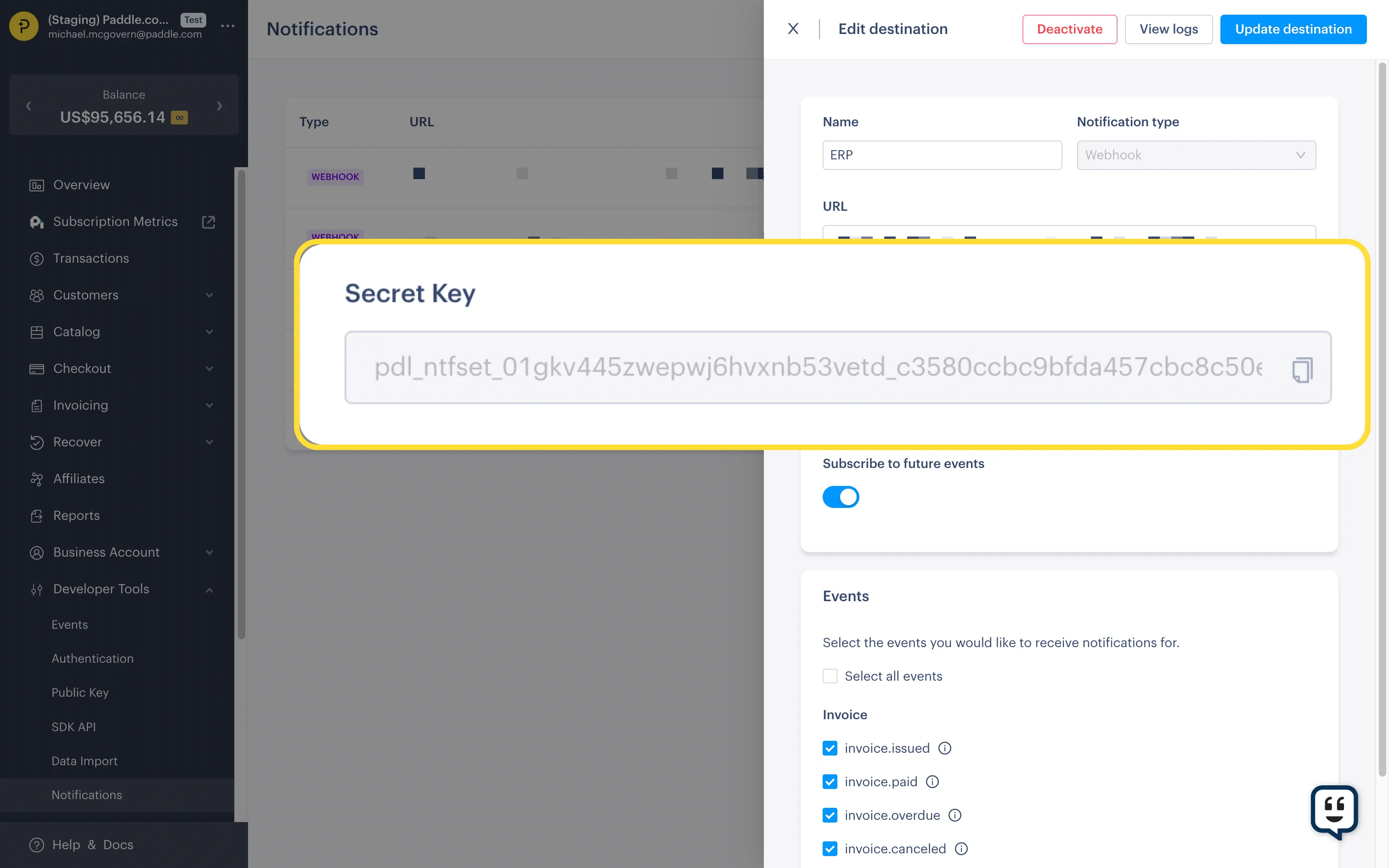 Screenshot showing the secret key in notification destination details