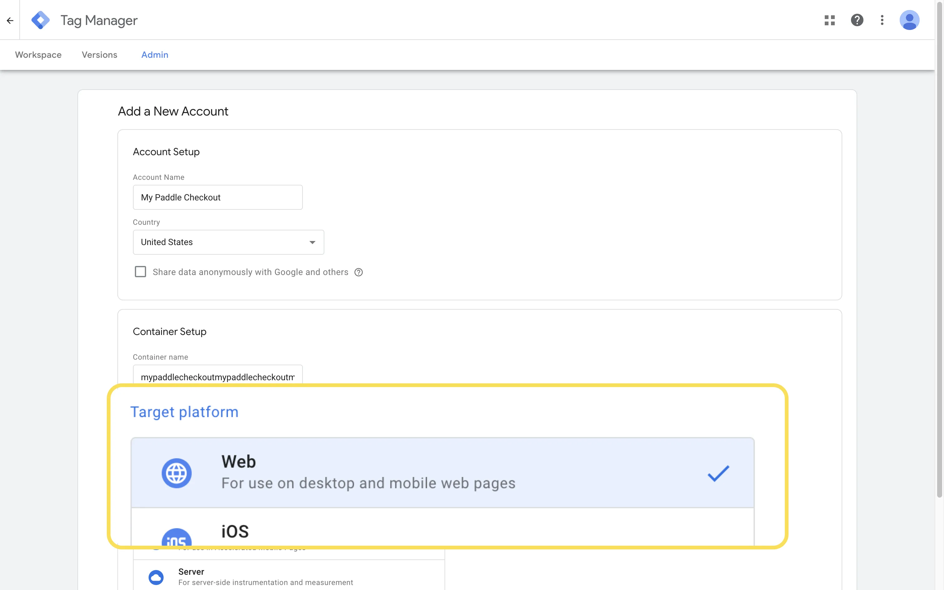 Screenshot showing Google Tag Manager new account screen, calling out web platform