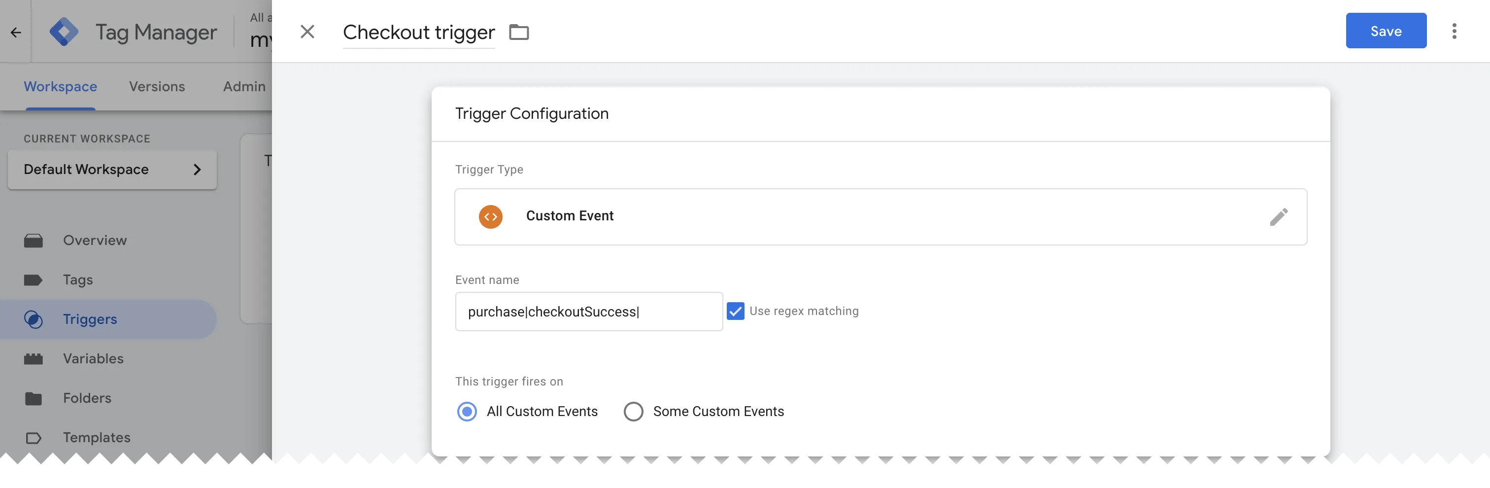 Screenshot of the custom event trigger setup screen