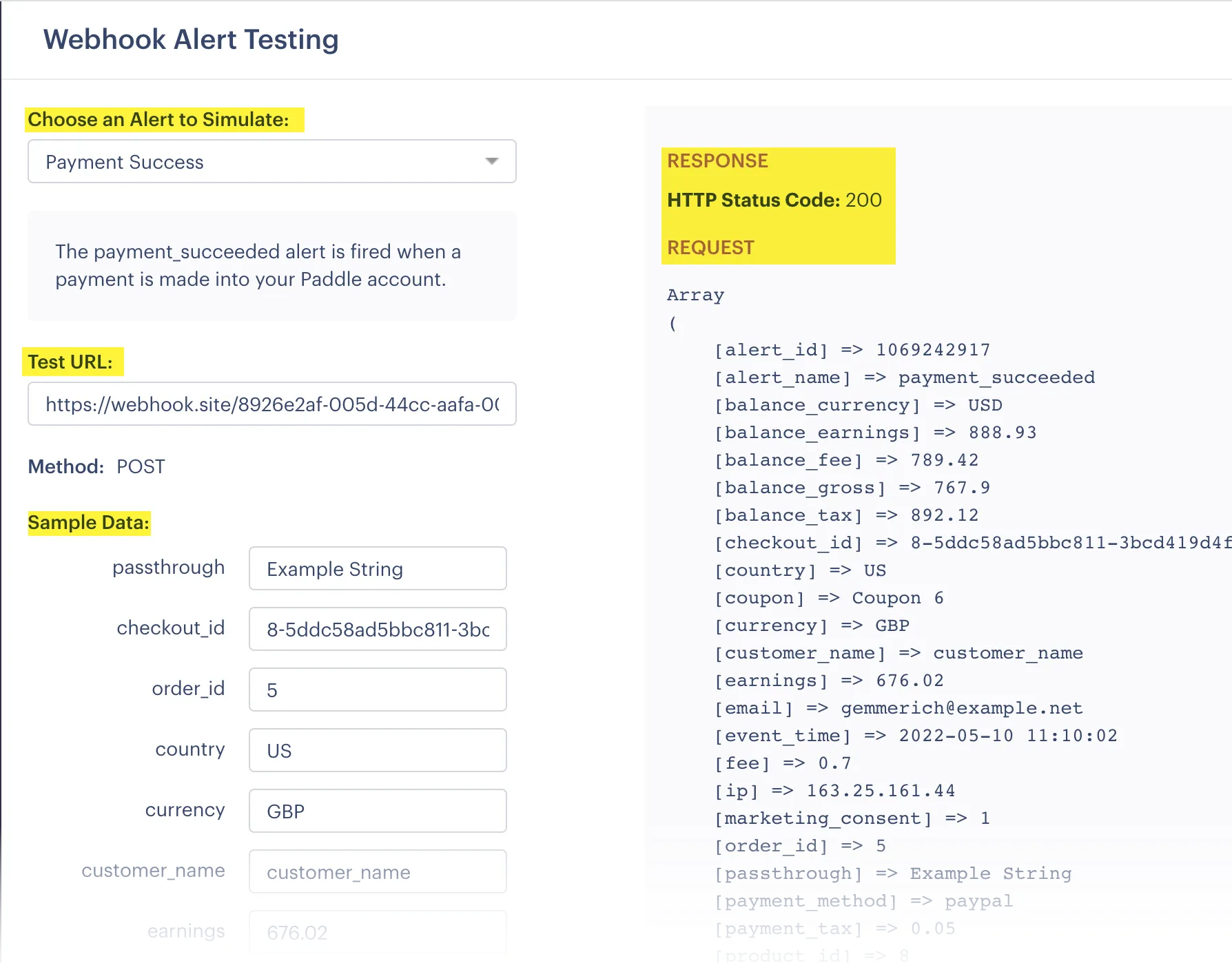 Example webhook payload display